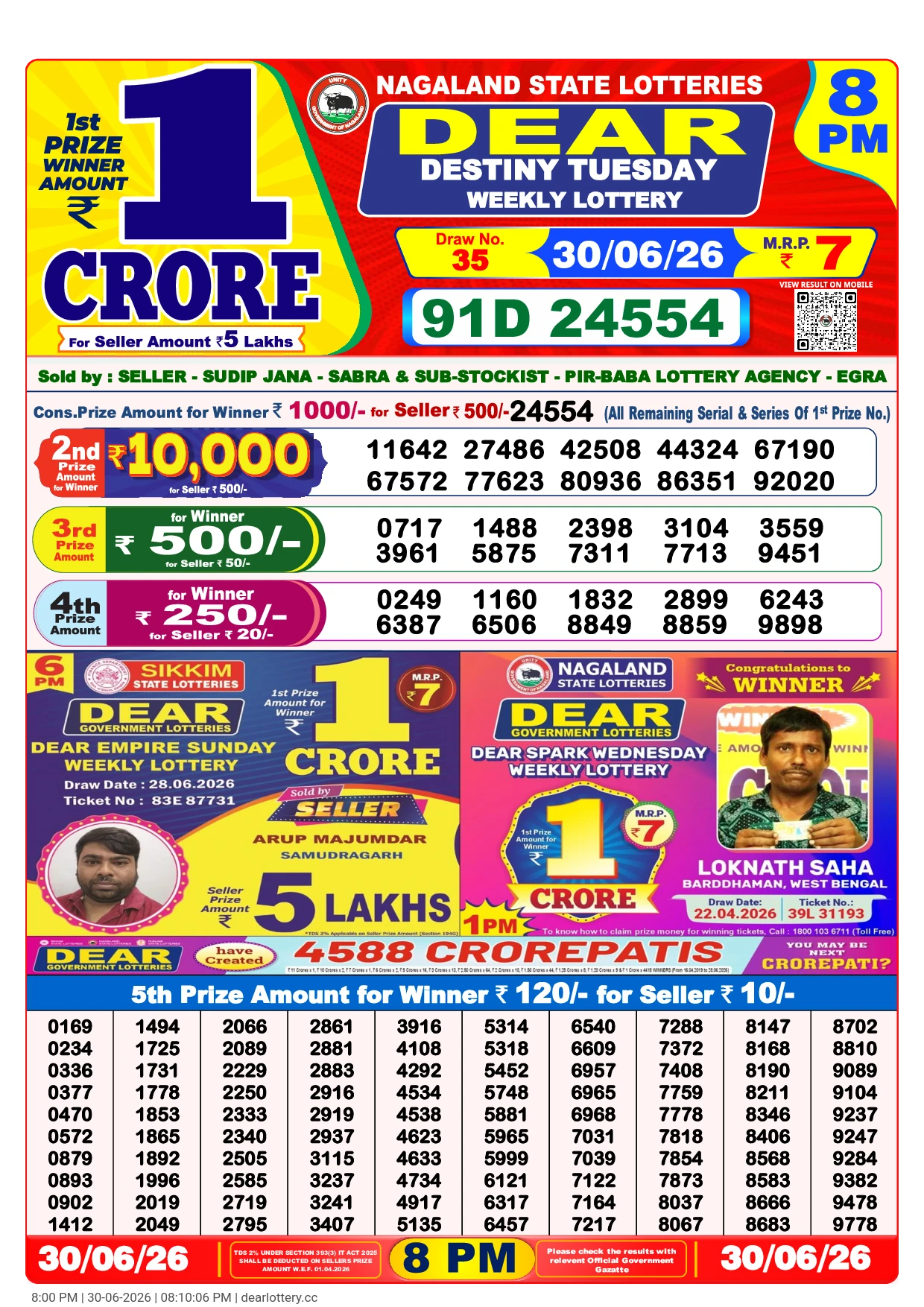 Dear Lottery 8:00 PM Result 30 June 2026 Tuesday - Latest Result